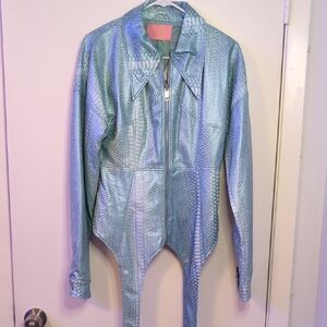 Iridescent Blue Leather Jacket with Futuristic Design